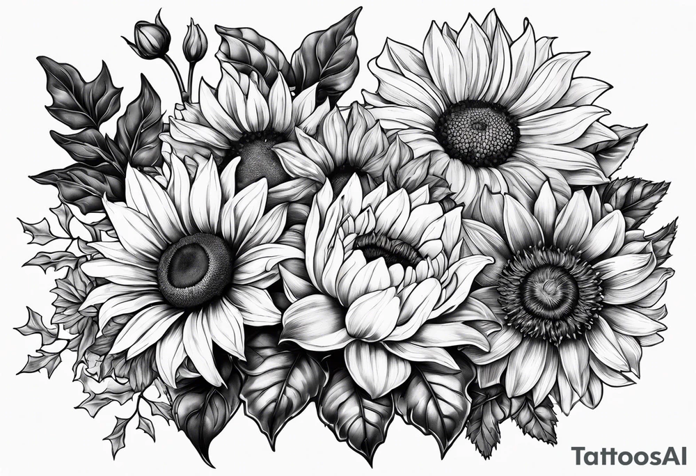 Sunflower, daffodil, poppy, chrysanthemum and holly tattoo idea