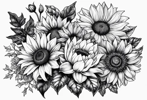 Sunflower, daffodil, poppy, chrysanthemum and holly tattoo idea