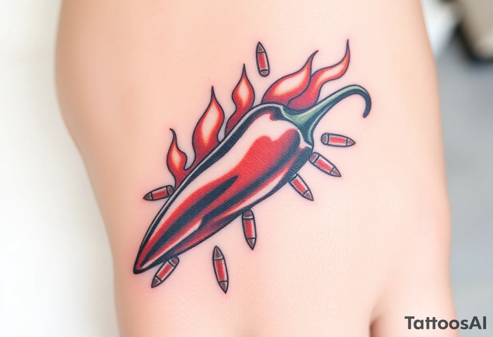Chili pepper with flames and raining bullets tattoo idea