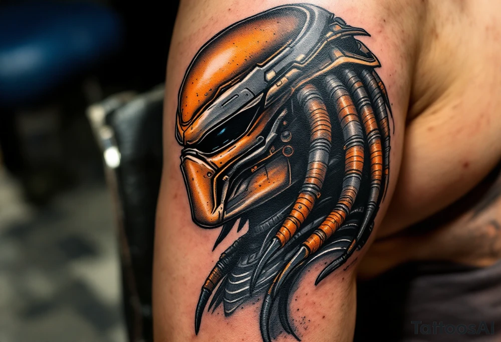 City Hunter Predator – The sleek and agile hunter from Predator 2 (1990), with tanned, speckled orange and brown skin, darker, more streamlined armor, and an elongated bio-mask with more advanced targeting technology. tattoo idea