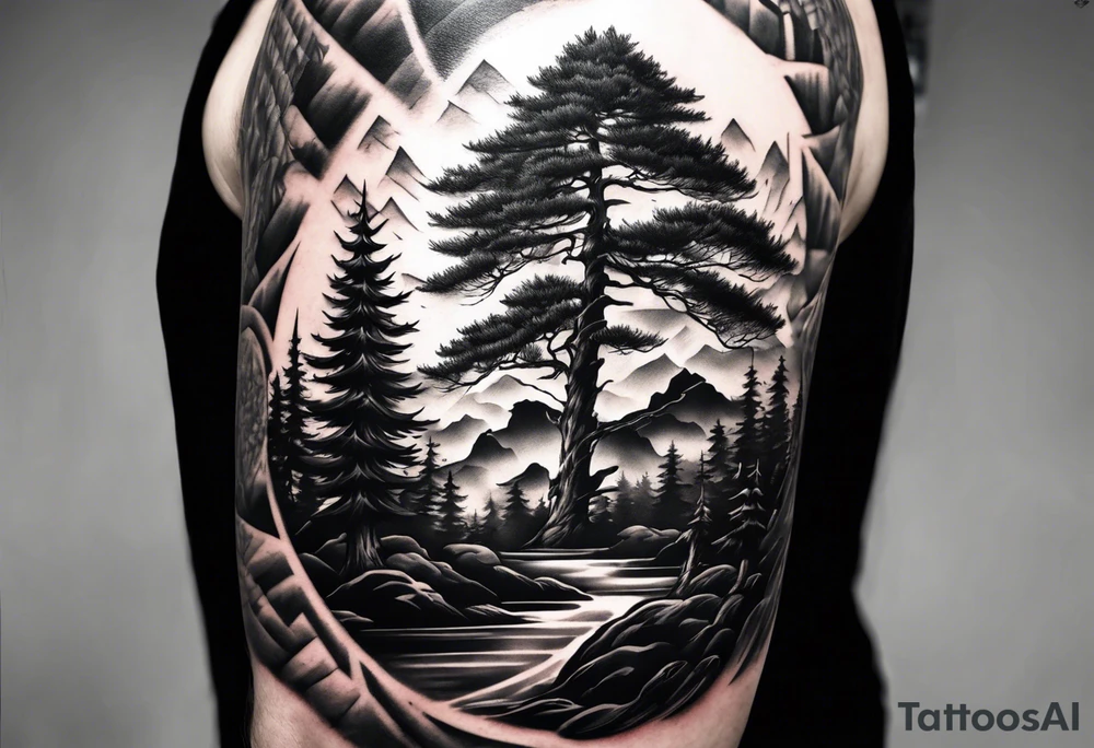 Full back tattoo ancient pine tree Forrest tattoo idea