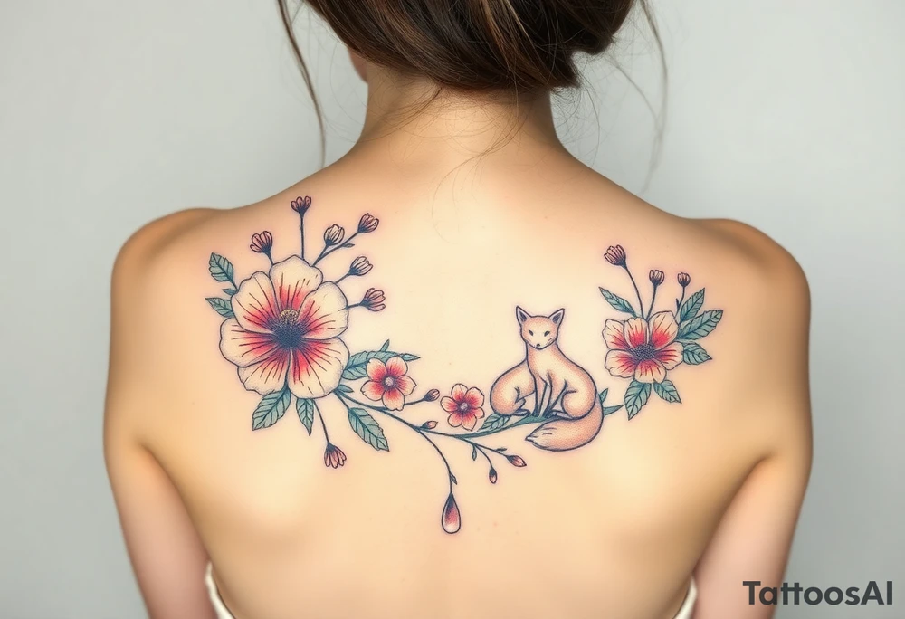 wild hibiscus and meadow flowers with morning dew drops and foxes tattoo idea