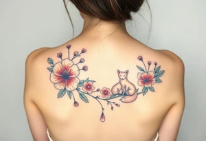 wild hibiscus and meadow flowers with morning dew drops and foxes tattoo idea