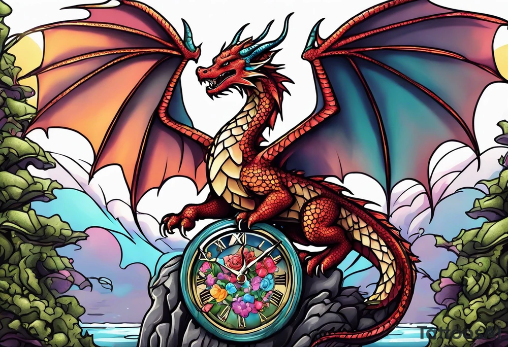Dragon kawaii , clock, cross tattoo idea