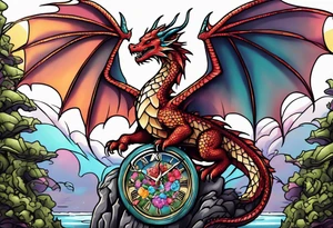 Dragon kawaii , clock, cross tattoo idea