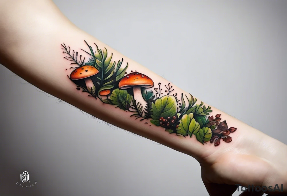 minimalistic forest floor inspired tattoo, which includes grass, moss, curly ferns and dead leaves as the bulk of the tattoo. details to include: forest berries, couple of very small brown mushrooms, a tiny bumblebee flying nearby tattoo idea