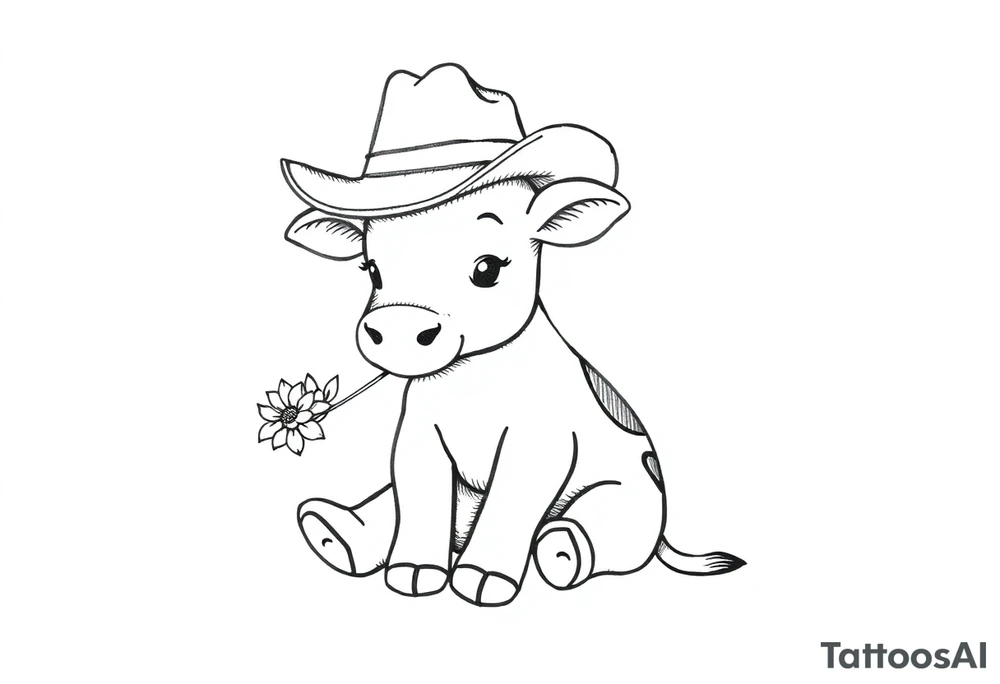 cute black and white baby cow sitting wearing a cowboy hat with a flower in mouth tattoo idea