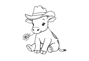 cute black and white baby cow sitting wearing a cowboy hat with a flower in mouth tattoo idea