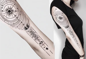 Long narrow line spine tattoo. Includes moon, stars and ancient symbols. Minimal design. tattoo idea