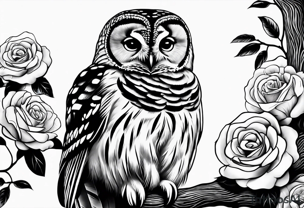 Barred owl with a single rose tattoo idea