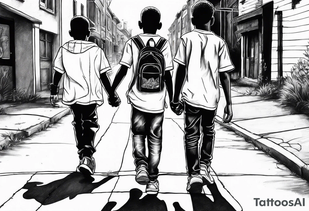 the bond between three black school age brothers walking away down a street showing full bodies tattoo idea