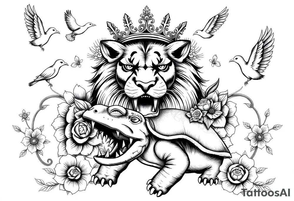powerful majestic lion with a crown, surrounded by floral ornaments and birds an angry turtle with huge teeth and a tiny hobbit like person riding on the back tattoo idea