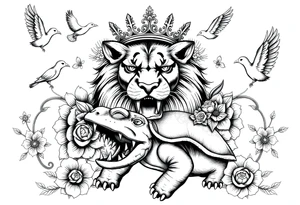 powerful majestic lion with a crown, surrounded by floral ornaments and birds an angry turtle with huge teeth and a tiny hobbit like person riding on the back tattoo idea