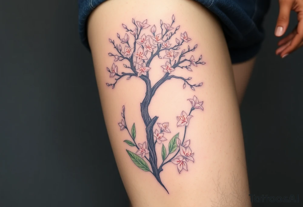 Lilly of the vally plants underneath a blooming hawthorn tree tattoo idea