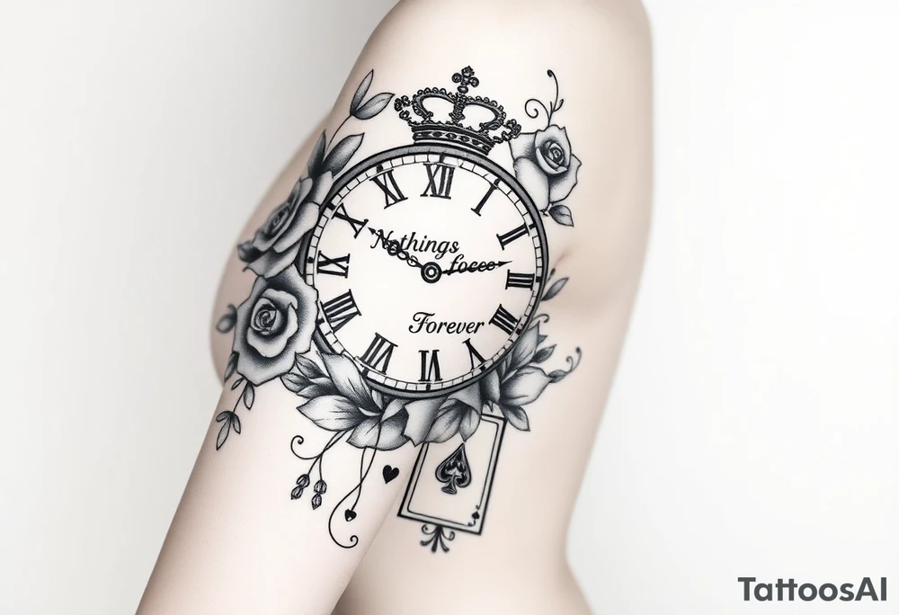 Roman clock with roses and a crown,  a quote that says nothings forever. and on the bottom a deck of cards tattoo idea