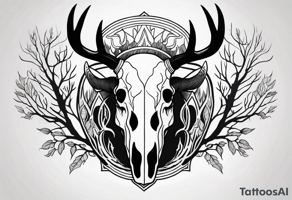 side profile of a deer skull JUST BONE surrounded by a flames and trees tattoo idea