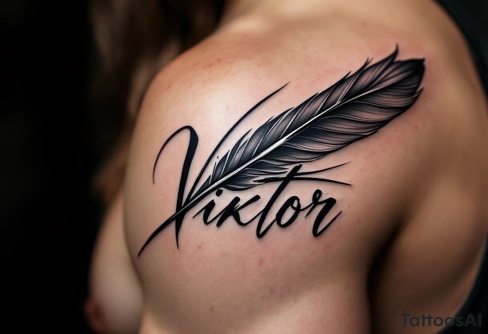 Feather quill writing name Viktor – 7.5.2020 v 6:06 in classic black and silver shading. tattoo idea