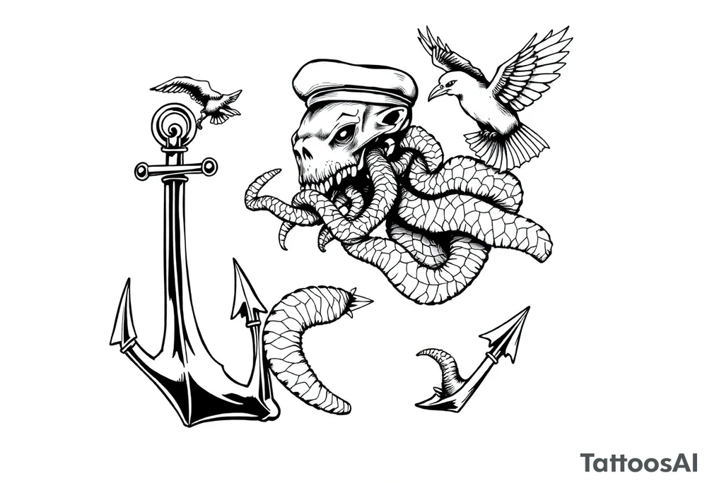 kraken, sailor, anchor, sea, bird concept art tattoo idea