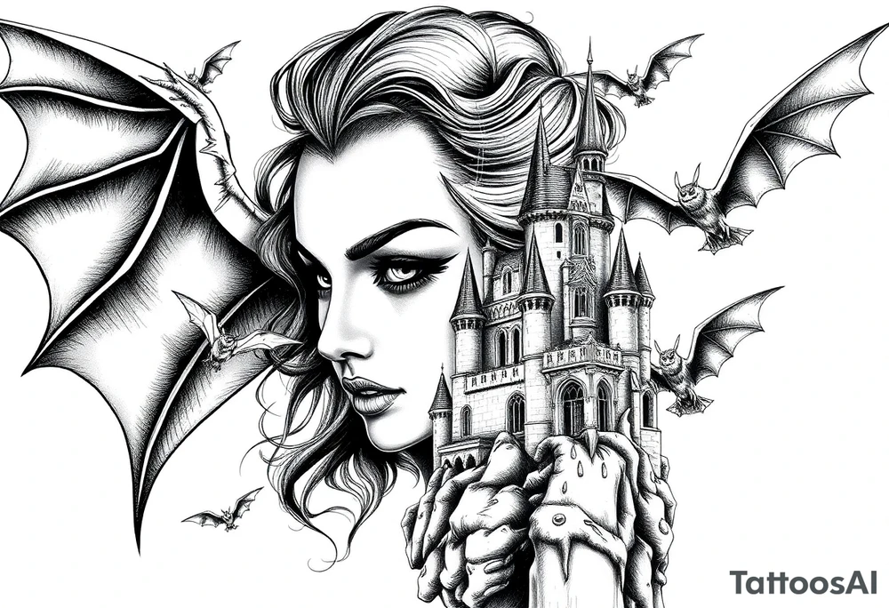 female vampire,bats,old castle. tattoo idea