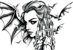 female vampire,bats,old castle. tattoo idea