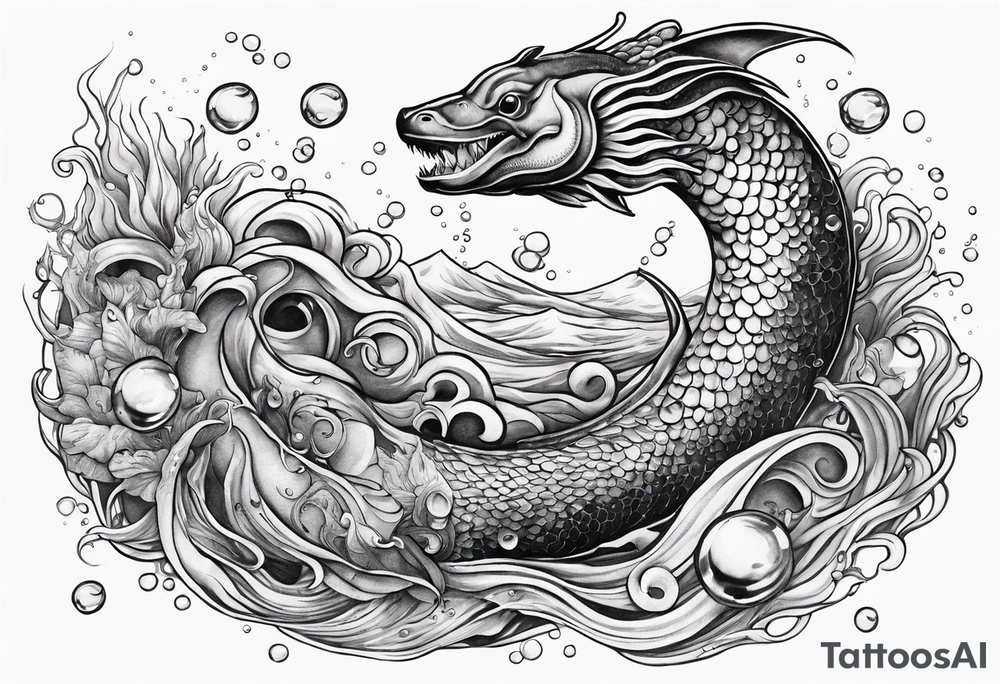 sea serpent underwater with fish and bubbles tattoo idea