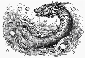 sea serpent underwater with fish and bubbles tattoo idea