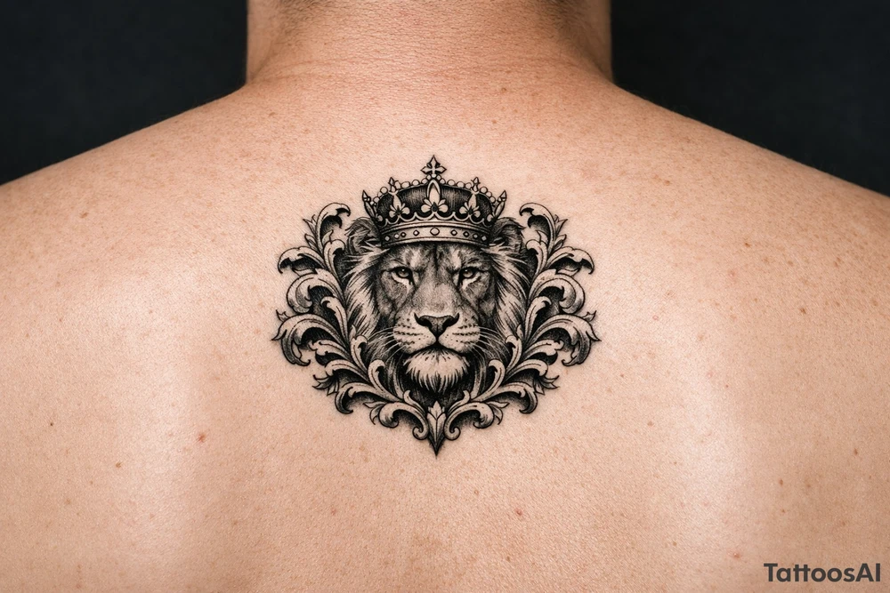 powerful majestic lion with a crown, framed by ornate floral scrollwork tattoo idea