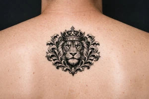 powerful majestic lion with a crown, framed by ornate floral scrollwork tattoo idea