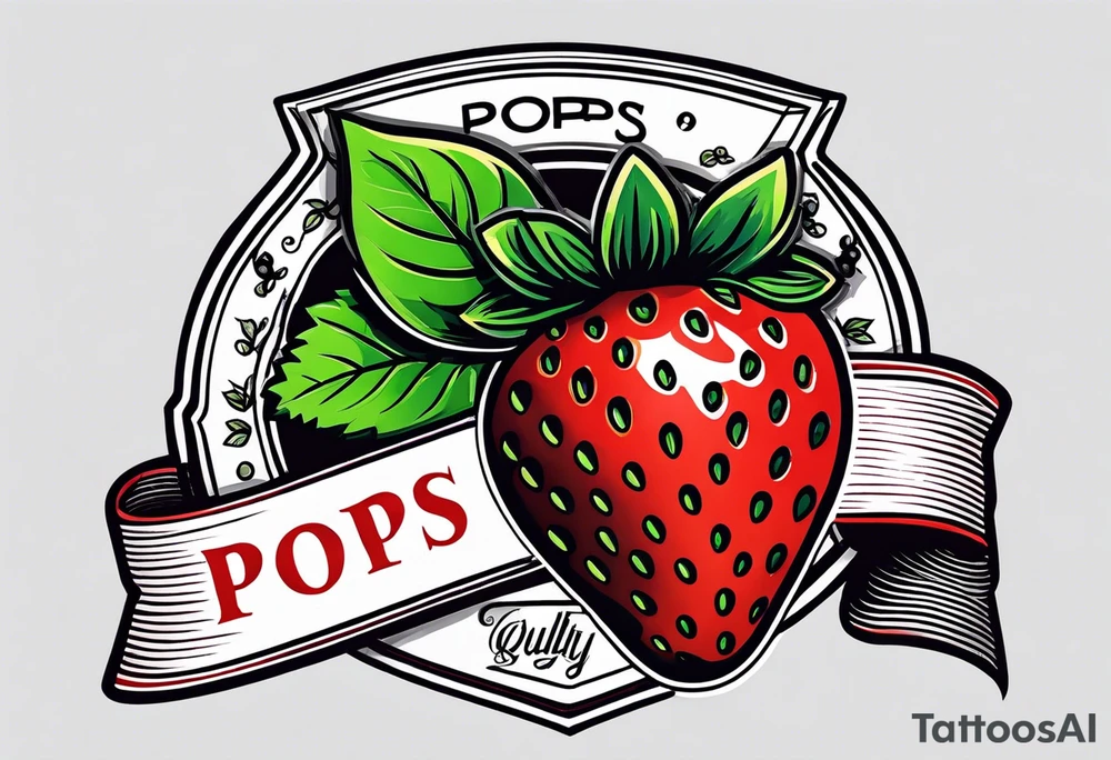 simple single  Strawberry with banner across it that says Pops tattoo idea