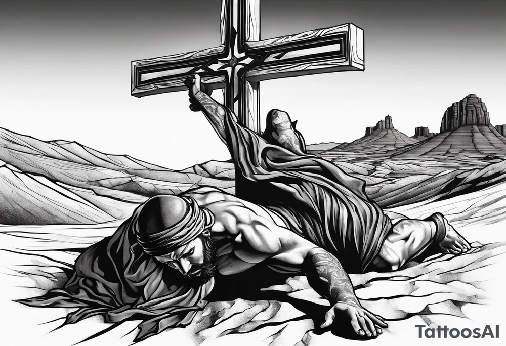 man crawling in a desert reaching to the cross of Christ tattoo idea