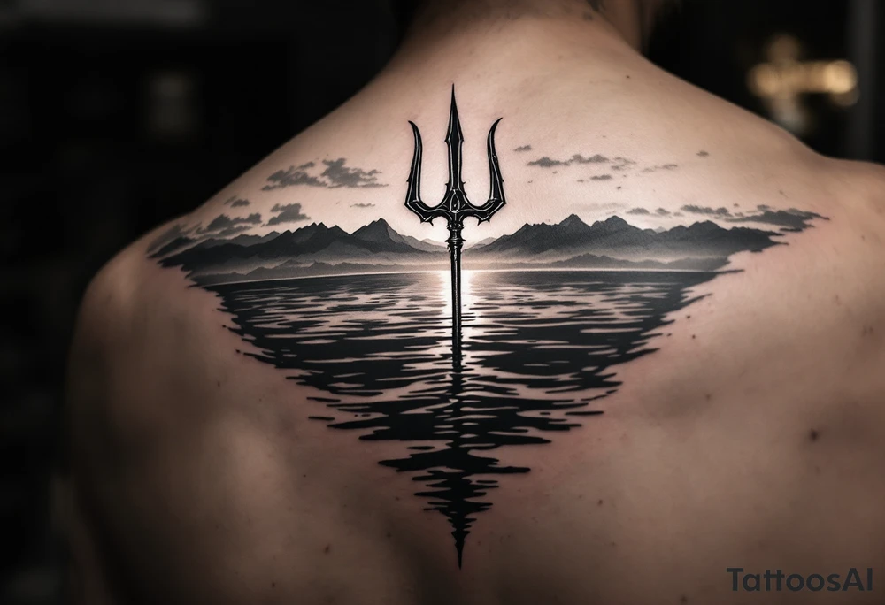 trident half way under calm water at sunset tattoo idea