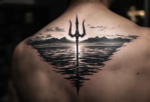 trident half way under calm water at sunset tattoo idea