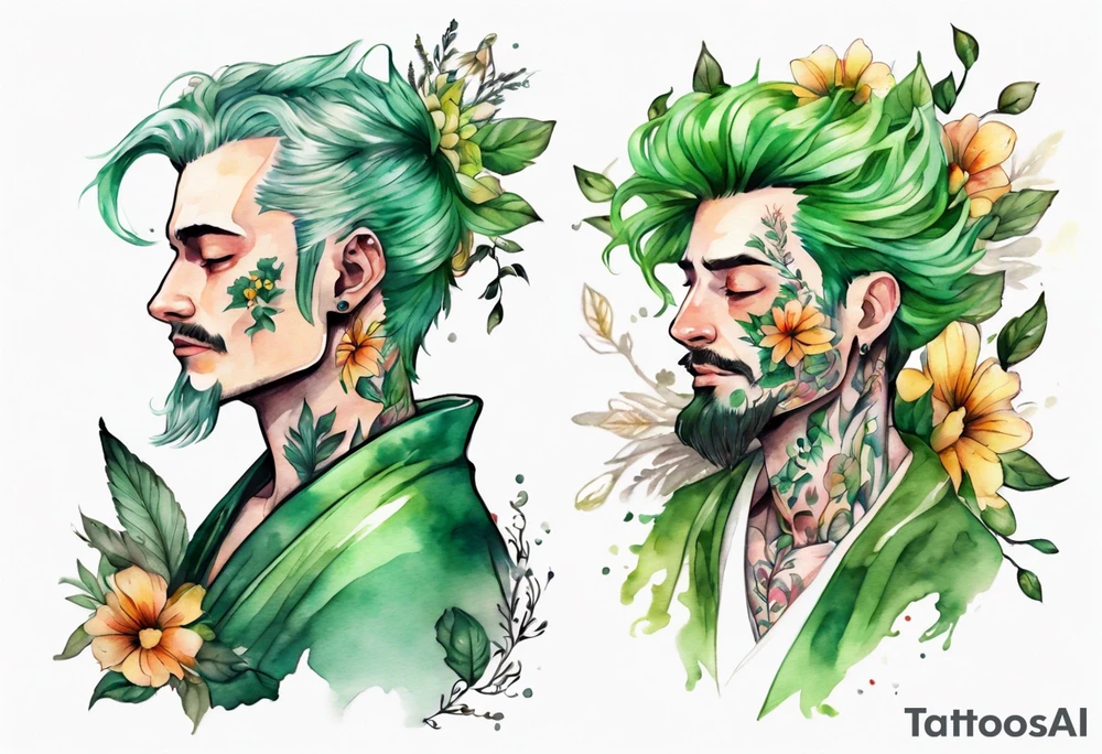 a man-flower hybrid wearing a flowing floral robe with green leafy hair tattoo idea