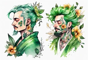 a man-flower hybrid wearing a flowing floral robe with green leafy hair tattoo idea
