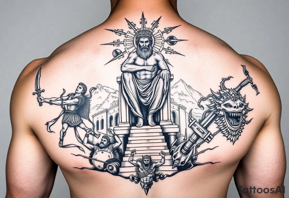 Realism Full chest peice including the Greek gods with zues on his throne looking down from the mountain casting judgement on the people add lighting and Mount Olympus and a temple and a battle scene make zues muscular add hades Medusa and minator tattoo idea