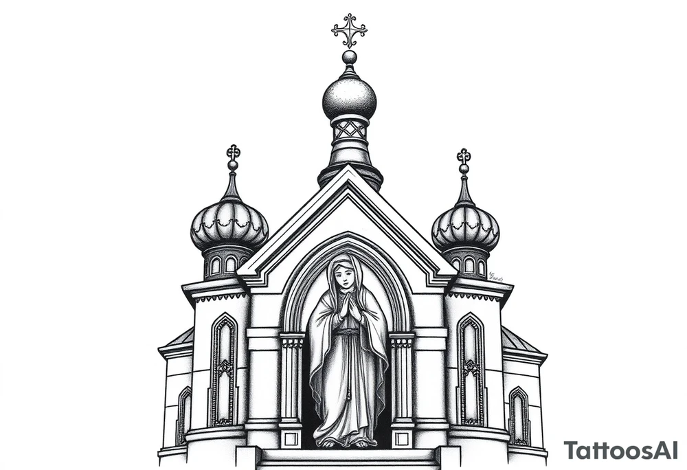 Flowing Scene

A onion domes orthodox church
Virgin Mary in prayer pose on the front doors of the russian orthodox church 
A small double headed russian coat of arms eagle or just the star tucked above the dome near the hairline tattoo idea