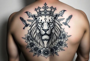 powerful majestic lion with a crown, surrounded by floral ornaments and birds tattoo idea