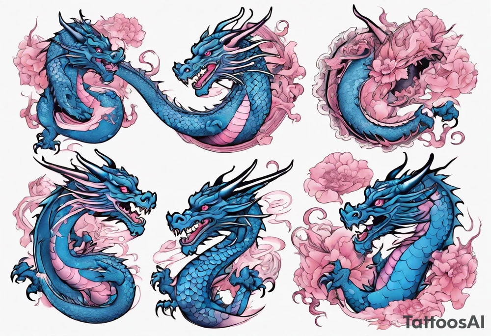 blue pink dragons tattoo idea
