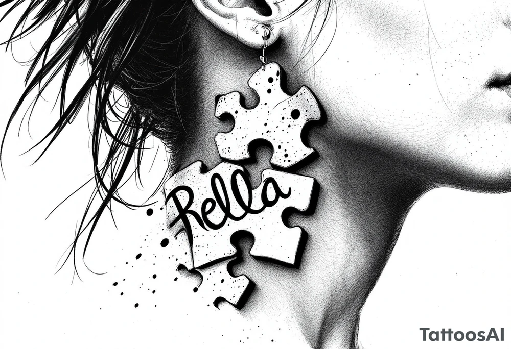 Puzzle piece tattoo on side of the neck  and have a missing piece on the side that says Rella on it. tattoo idea