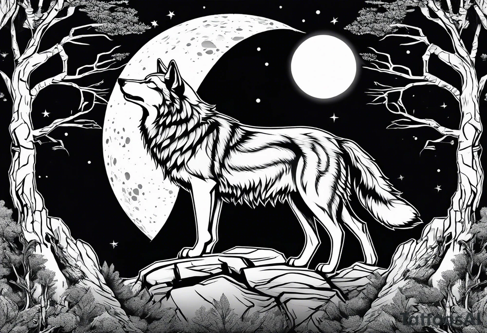 Wolf on top of a rock howling at the full moon, surrounded by trees tattoo idea