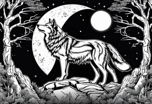 Wolf on top of a rock howling at the full moon, surrounded by trees tattoo idea