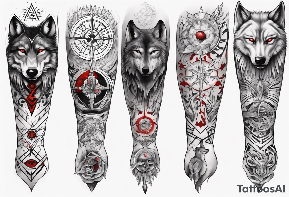 want a half sleeve on my left forearm featuring a side profile of wolf with a vegvisir for its eye and red eye, surrounded by Māori patterns tattoo idea
