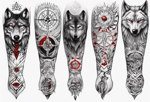 want a half sleeve on my left forearm featuring a side profile of wolf with a vegvisir for its eye and red eye, surrounded by Māori patterns tattoo idea