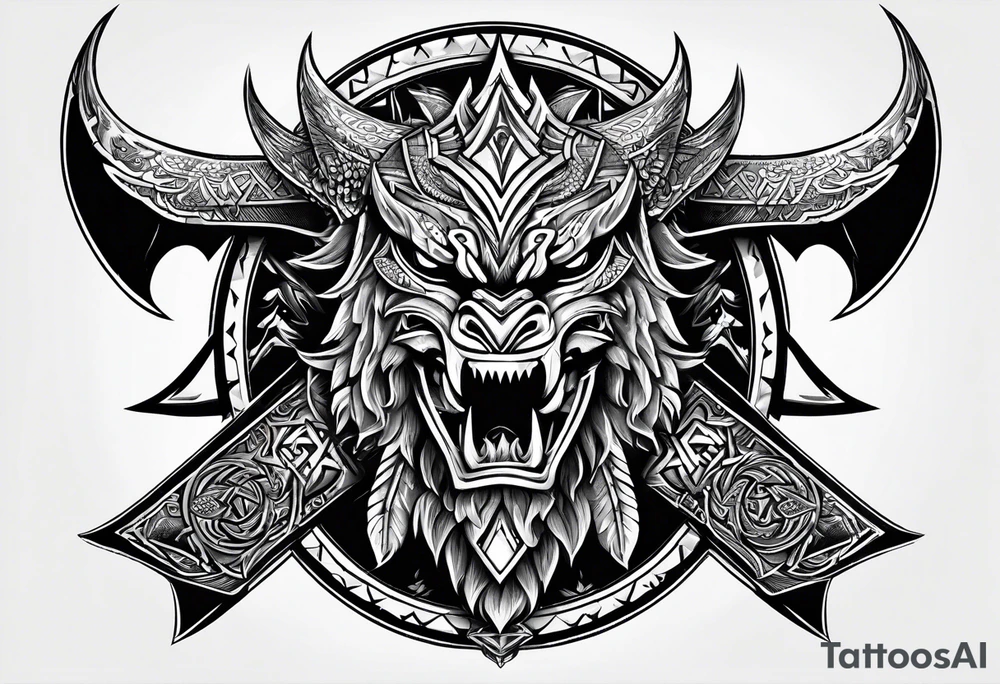 Valhalla sword shield dragon head axe Valknut tattoo idea