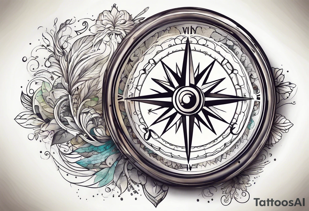 vintage compass with river falling over it tattoo idea