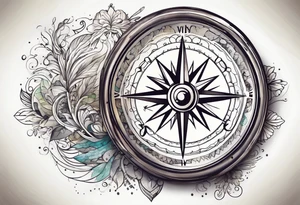 vintage compass with river falling over it tattoo idea