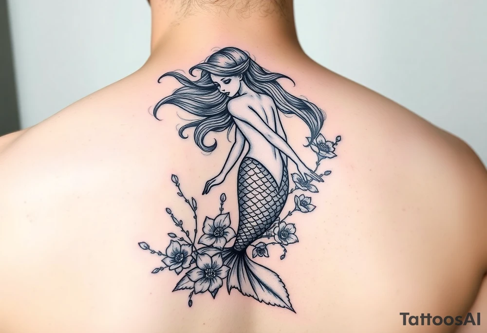 ethereal mermaid with flowing hair among coral and sea flowers tattoo idea