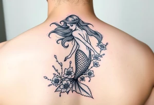 ethereal mermaid with flowing hair among coral and sea flowers tattoo idea