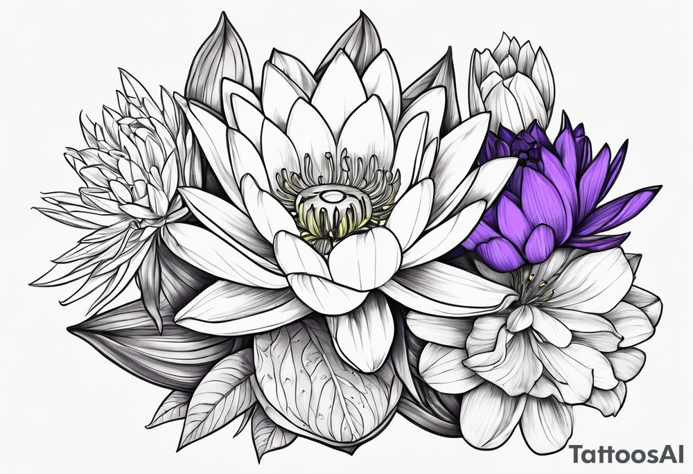 flower bouquet of violet, water lilly, and narcissus tattoo idea