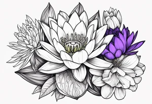 flower bouquet of violet, water lilly, and narcissus tattoo idea